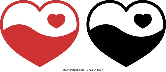 Conjunto de dois símbolos de yin yang em forma de coração em cores vermelhas e pretas para equilíbrio e design de harmonia romântica
