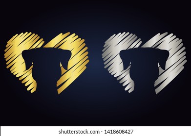 Set of two hearts in silver and golden colors with pets. hand drawn hearts with animal silhouette inside. Vector hearts ready for web and print. Dog head logo.
