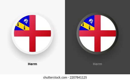 Conjunto de dos botones de la bandera Herm en fondo blanco y negro. Resumen de botones brillantes redondeados metálicos con bandera nacional