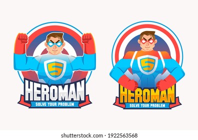 set of two hero logo mascot, heroman wearing hero suit and mask with two different pose and typography. used for mascot, logo and other