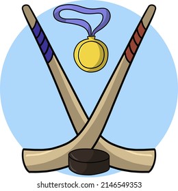 A set with two hockey sticks and a puck, a gold medal, a round card, an emblem, a logo. Vector illustration.