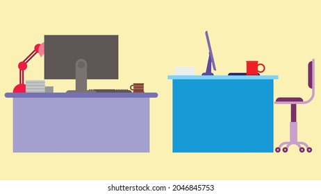 Set of two Home or office desk with casters chair, computer, some papers, coffee cup and table lamp. Back and Side view. Flat style vector illustration.

