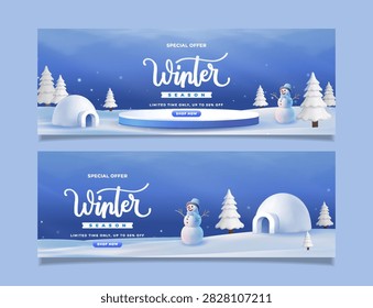 A set of two horizontal 3D rendered winter sale banners featuring a snowman, igloo, and snowy landscape with a product display platform and promotional text.