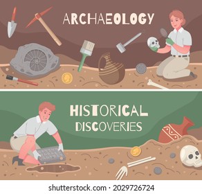 Set of two horizontal archaeology cartoon banners with characters of archaeologists with digging instruments and text vector illustration