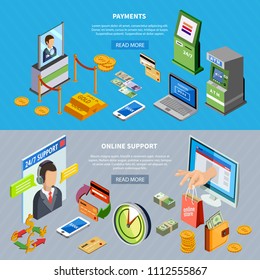 Set of two horizontal bank isometric banners with read more button editable text and banking icons vector illustration