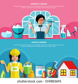 Set of two horizontal banners with cleaning icons scrubwomen cartoon doodle style characters and editable text vector illustration