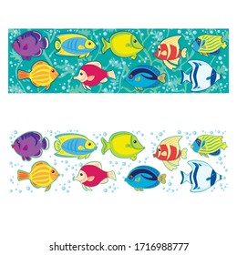 Set of two horizontal banners with colored exotic tropical fish vector illustration