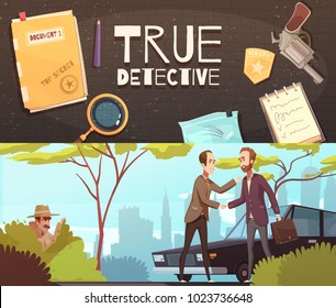 Set of two horizontal banners with doodle style flat images of detective accessories and story episode  vector illustration