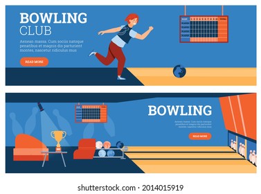 Conjunto de dos banners horizontales o fondo de volantes para el juego de bolos club deportivo o recreativo, ilustración vectorial plana. Juego de banners publicitarios del club deportivo Bowling.