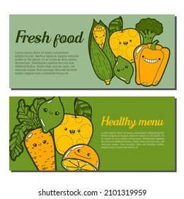 Set of two horizontal banners, funny cute fruit and vegetable characters "Fresh food", "Healthy menu". Green and yellow doodle illustrations of carrot, lemon, broccoli, corn, apple and orange.