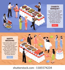 Set of two horizontal banners with isometric party people board images and editable text with buttons vector illustration