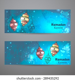 Set of two horizontal banners for Ramadan Kareem. Lamps for Ramadan