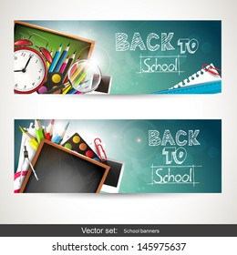 Set of two horizontal banners with school supplies 