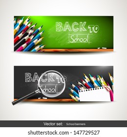 Set of two horizontal banners with school supplies on the chalkboard 