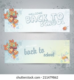 Set with two horizontal banners with school subjects and autumn leaves