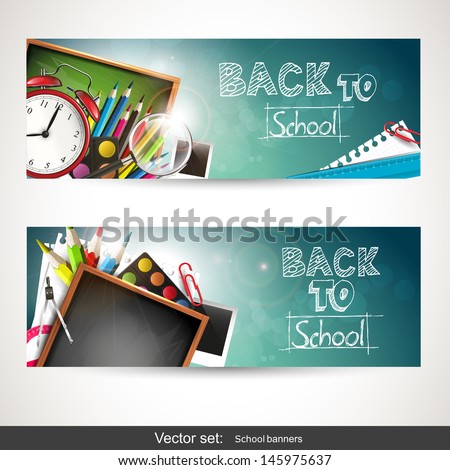 Set of two horizontal banners with school supplies 