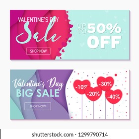 Set of two horizontal banners to Valentine's Day Sale Weekend. Special offer for lovers. Abstract wavy shapes background