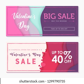Set of two horizontal banners to Valentine's Day Weekend. Special offer for couple. Abstract wavy shapes background