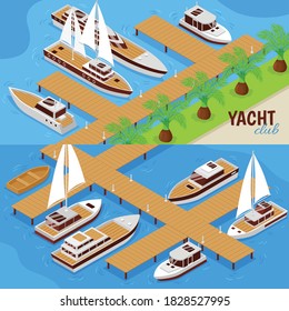 Set of two horizontal banners with yacht club peer and vessels 3d isometric isolated vector illustration