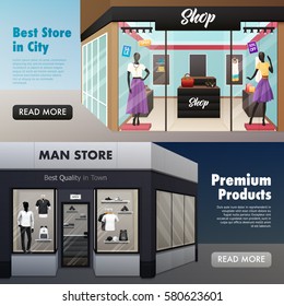 Set Of Two Horizontal Beauty Shop Banners With Mens Wear Ladies Clothes Fashion Store With Text Vector Illustration