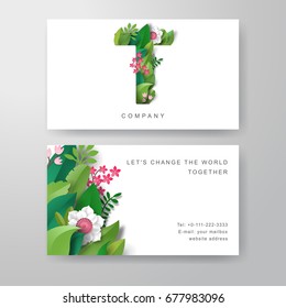 Set of two horizontal business cards. Paper cut design. Vector letter T. Leaves and flowers. Place for your text.
