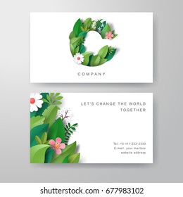 Set of two horizontal business cards. Vector letter C. Pattern of paper leaves and flowers. Place for your text.