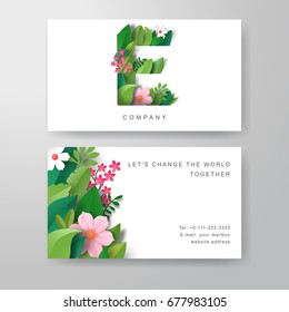 Set of two horizontal business cards. Letter E of paper leaves and flowers. Plant ornament. Paper cut. Place for your text. Realistic shadows.
