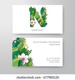 Set of two horizontal business cards. Letter N and leaves, flowers in style of paper cut. Place for your text.