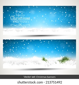 Set of two horizontal Christmas banners with snow and place for text