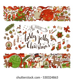 Set of two horizontal Christmas decorations and festive objects. Christmas tree and Christmas balls, Santa with sack, gifts, snowman, gingerbread man, deer, Santa socks, hand-written text
