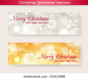 Set of two horizontal christmas glimmered banners. Vector illustration.