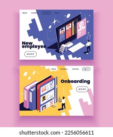 Set of two horizontal color isometric new employee onboarding banners isolated on pink background 3d vector illustration