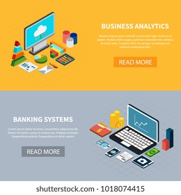 Set of two horizontal data isometric banners with laptop computer and money icons with read more button vector illustration