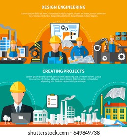 Set of two horizontal engineering banners with compositions of factory buildings drawing instruments and plant workers vector illustration