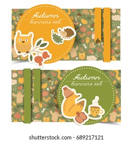 Set of two horizontal fall banners with doodle style autumn elements funny icons with ribbon and round stickers vector illustration
