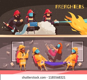 Set of two horizontal firefighter banners with cartoon style images and human characters in fire situations vector illustration