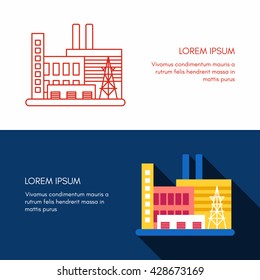 A set of two horizontal flat vector illustrations with industrial buildings and outlines . Red outline on white background and colored one on blue background.  a place for text on sides.