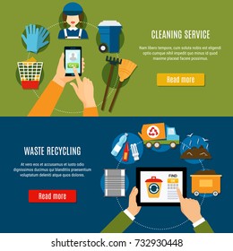 Set of two horizontal garbage banners with flat images of mobile application with read more button vector illustration