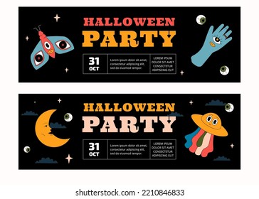 A set of two horizontal Halloween party banner templates. The design is in the style of groovy and old cartoon.