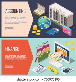 Set of two horizontal isometric accounting banners with editable text read more button and financial icons vector illustration