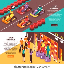 Set of two horizontal isometric carting banners with editable text read more button carts and people vector illustration