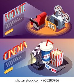 Set of two horizontal isometric cinema banners with compositions of cumbersome objects with read more button vector illustration