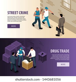 Set of two horizontal isometric criminal banners with buttons text and characters of cosh boys pushers vector illustration