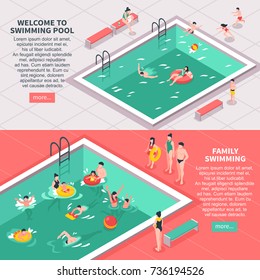 Set of two horizontal isometric family swimming pool banners with editable text and read more button vector illustration