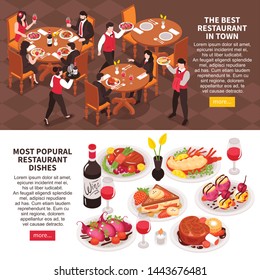 Set of two horizontal isometric restaurant banners with more button editable text and images of dishes vector illustration