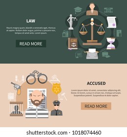 Set of two horizontal law banners with crime and punishment images text and read more button vector illustration