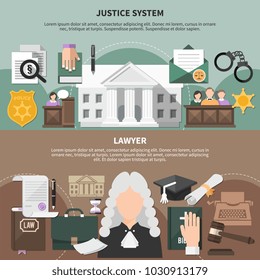 Set of two horizontal law banners with editable text and compositions of flat justice related images vector illustration