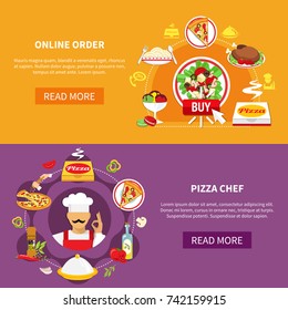Set of two horizontal pizza banners with images silhouette pictograms editable text and read more button vector illustration