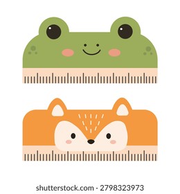 A set of two horizontal plastic rulers decorated with animal head designs, isolated on a white background. The top ruler is green and shaped like a frog face with a small smile. The bottom ruler is orange and depicts a fox head with pointed ears and white cheeks. Measurement markings run along the bottom edge of each tool.