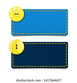 Set of two horizontal rectangular blue fabric banners. Label with seam. Yellow buttons. Sun, moon, day and night. Template with place for text. Isolated on white background. Eps10 vector illustration.